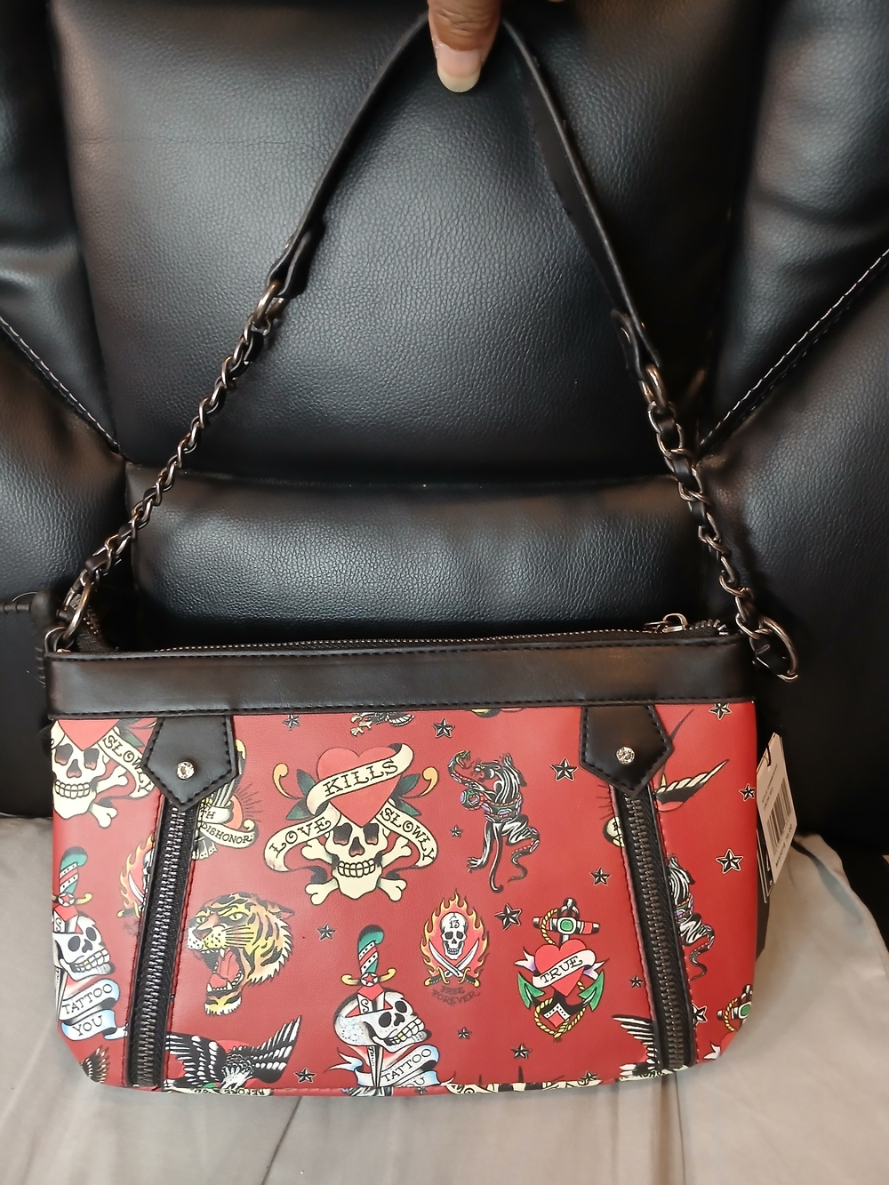 Ed Hardy Red Tattoo-Print Shoulder Bag with Black Trim